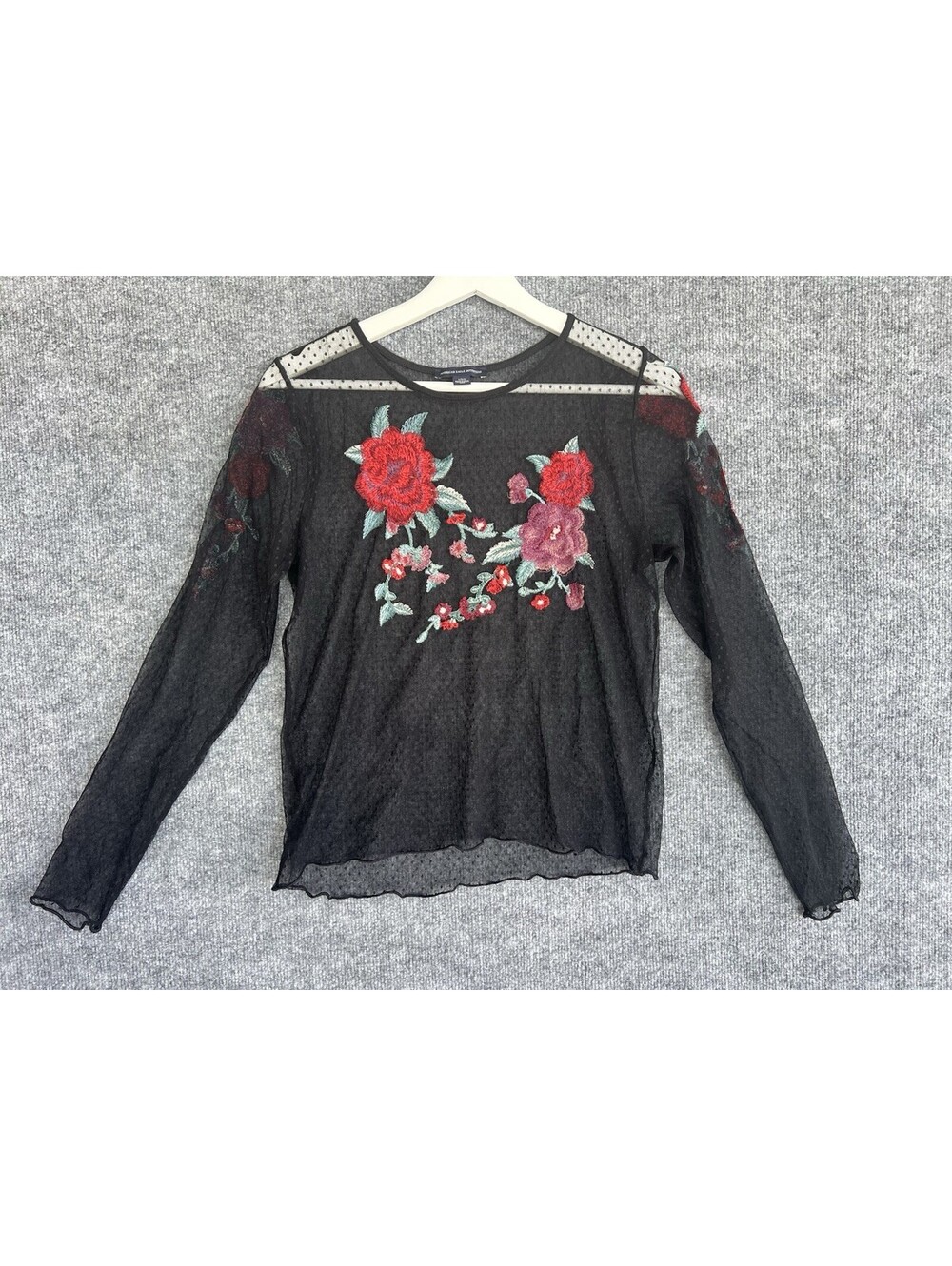 Floral Embroidered Mesh Sheer American Eagle Top Womens Large Black Y2K.